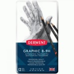 Набор графитных карандашей Graphic Hard, 12 шт (B-9H), в металл. коробке, Derwent 34213